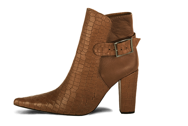 Caramel brown women's ankle boots with buckles at the back. Pointed toe. High block heels. Profile view - Florence KOOIJMAN